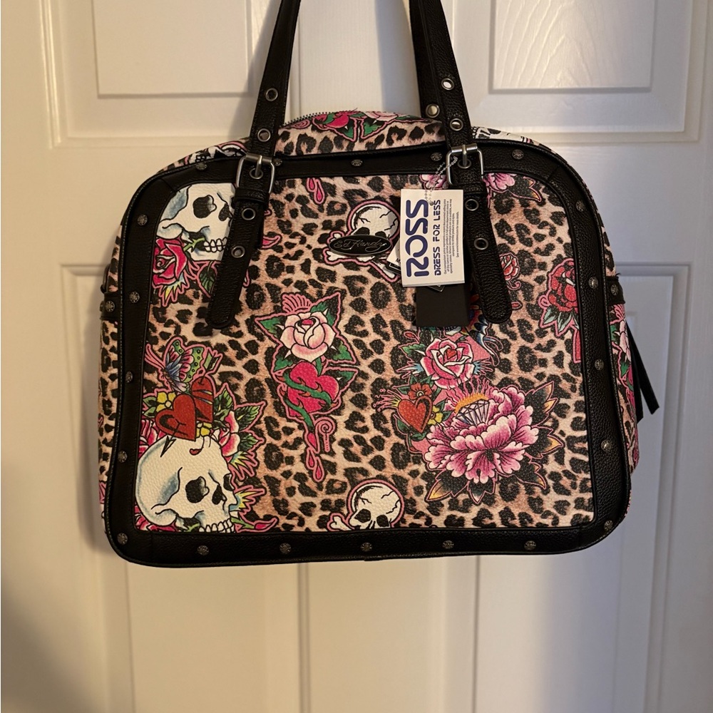 Ed Hardy Black and Pink Skull Floral Shoulder Bag